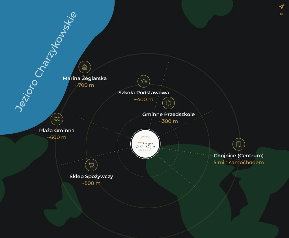 Mapa okolicy: Jezioro Charzykowskie, marina, plaża, szkoła, przedszkole, sklep i centrum Chojnic